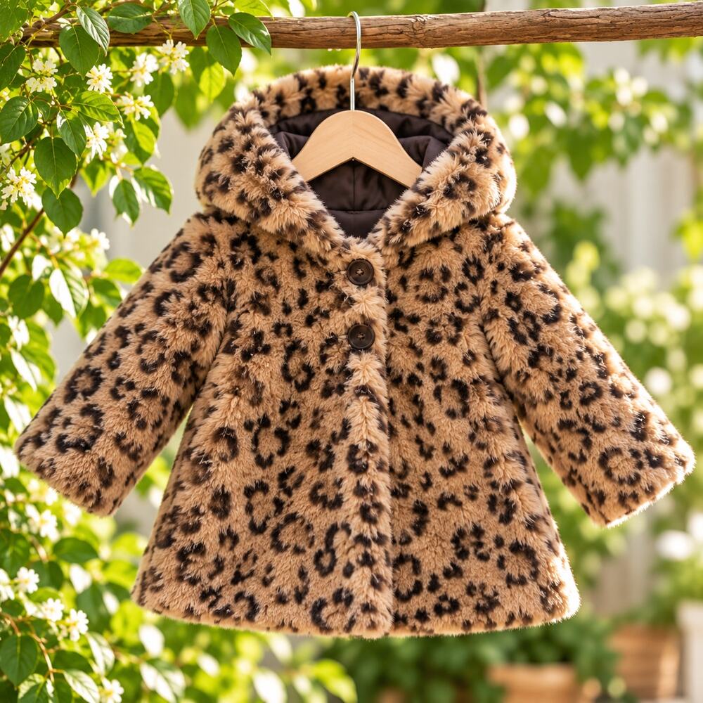 First Impressions Baby 6-9M Leopard Faux Fur Coat Hooded Glam Luxe Animal Print